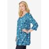 Woman Within Plus Size Perfect Printed Three-Quarter-Sleeve V-Neck Tunic(Deep Teal Patchwork)