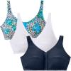 Comfort Choice Women’s Plus Size 3-Pack Front-Close Cotton Wireless Bra(Navy Assorted)