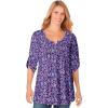 Woman Within Plus Size 7-Day Three-Quarter Sleeve Pintucked Henley Tunic(Radiant Purple Flower Garden)