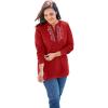 Woman Within Plus Size Embroidered Thermal Henley Tee(Classic Red Vine Embroidery)