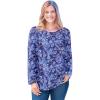 Woman Within Plus Size Perfect Printed Long-Sleeve Crewneck Tee(Navy Floral Tie Dye)