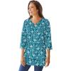 Woman Within Plus Size Perfect Printed Three-Quarter-Sleeve V-Neck Tunic(Deep Teal Patchwork)