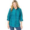 Woman Within Plus Size Perfect Three Quarter Sleeve Shirt(Aquamarine Plaid)