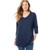 Woman Within Plus Size Perfect Three-Quarter Sleeve V-Neck Tee (Petite Available)(Navy)