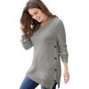 Woman Within Plus Size Side Button V-Neck Waffle Knit Sweater(Heather Grey)
