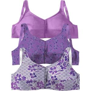 Comfort Choice Women’s Plus Size 3-Pack Front-Close Cotton Wireless Bra(Amethyst Purple Assorted)