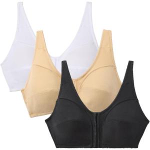 Comfort Choice Women’s Plus Size 3-Pack Front-Close Cotton Wireless Bra(Basic Assorted)