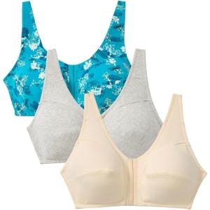 Comfort Choice Women’s Plus Size 3-Pack Front-Close Cotton Wireless Bra(Dark Turq Assorted)