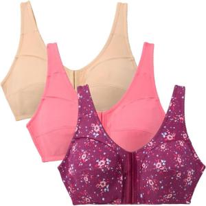 Comfort Choice Women’s Plus Size 3-Pack Front-Close Cotton Wireless Bra(Deep Claret Assorted)