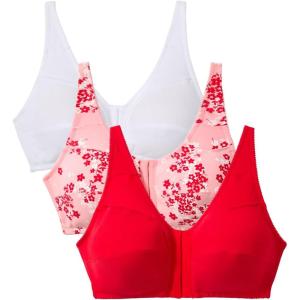 Comfort Choice Women’s Plus Size 3-Pack Front-Close Cotton Wireless Bra(Hot Red Assorted)