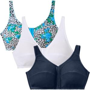 Comfort Choice Women’s Plus Size 3-Pack Front-Close Cotton Wireless Bra(Navy Assorted)