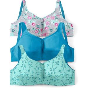 Comfort Choice Women’s Plus Size 3-Pack Front-Close Cotton Wireless Bra(Pale Ocean Assorted)