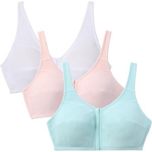 Comfort Choice Women’s Plus Size 3-Pack Front-Close Cotton Wireless Bra(Pastel Assorted)