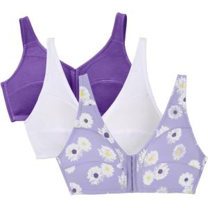 Comfort Choice Women’s Plus Size 3-Pack Front-Close Cotton Wireless Bra(Plum Burst Assorted)