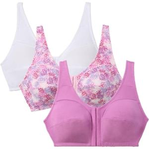 Comfort Choice Women’s Plus Size 3-Pack Front-Close Cotton Wireless Bra(Pretty Orchid Assorted)