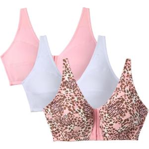 Comfort Choice Women’s Plus Size 3-Pack Front-Close Cotton Wireless Bra(Rose Quartz Assorted)