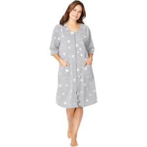 Dreams & Co. Plus Size Short French Terry Zip-Front Robe(Heather Grey Stars)