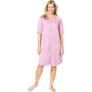 Dreams & Co. Plus Size Short French Terry Zip-Front Robe(Pink)
