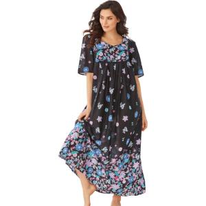 Only Necessities Women’s Plus Size Bib Front Lounger House Dress, Nightgown(Black Blossoms)
