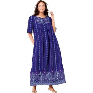 Only Necessities Women’s Plus Size Bib Front Lounger House Dress, Nightgown(Blue Sapphire Gem)