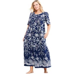 Only Necessities Women’s Plus Size Bib Front Lounger House Dress, Nightgown(Evening Blue Vines)