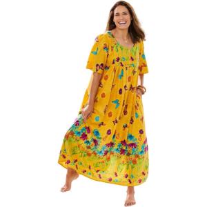 Only Necessities Women’s Plus Size Bib Front Lounger House Dress, Nightgown(Yellow Butterfly)