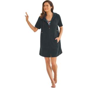 Swimsuits For All Swim 365 Women’s Plus Size Hooded Terry Swim Cover Up(Black)