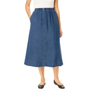 Woman Within Plus Size 7-Day Elastic-Waist All-Cotton Pull-On Denim Jeans Skirt(Medium Stonewash)