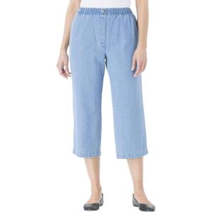 Woman Within Plus Size 7-Day Elastic-Waist Pull-On Cotton Denim Capri Jeans(Light Stonewash)