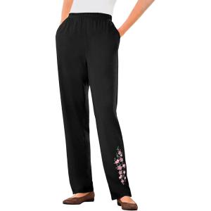Woman Within Plus Size 7-Day Knit Embroidered Straight-Leg Pull-On Pants(Black Rose Pink Floral Embroidery)