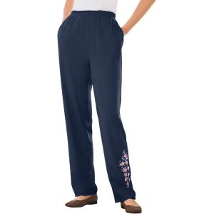 Woman Within Plus Size 7-Day Knit Embroidered Straight-Leg Pull-On Pants(Navy Floral Embroidery)