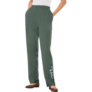 Woman Within Plus Size 7-Day Knit Embroidered Straight-Leg Pull-On Pants(Pine Floral Embroidery)