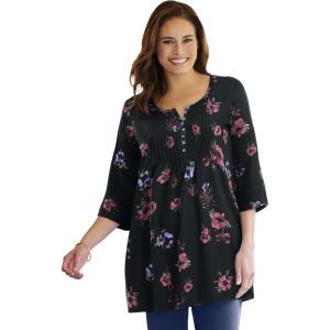 Woman Within Plus Size 7-Day Three-Quarter Sleeve Pintucked Henley Tunic(Black Magnolia)