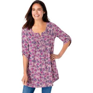 Woman Within Plus Size 7-Day Three-Quarter Sleeve Pintucked Henley Tunic(Dusty Pink Flower Garden)