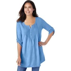 Woman Within Plus Size 7-Day Three-Quarter Sleeve Pintucked Henley Tunic(French Blue)
