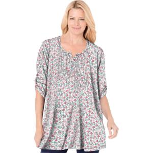 Woman Within Plus Size 7-Day Three-Quarter Sleeve Pintucked Henley Tunic(Ivory Flower Garden)