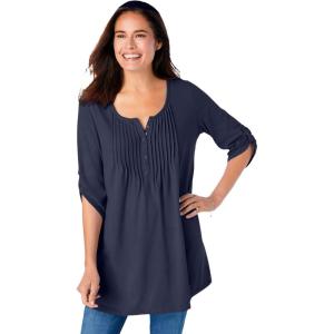 Woman Within Plus Size 7-Day Three-Quarter Sleeve Pintucked Henley Tunic(Navy)