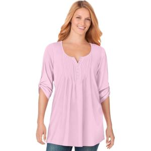 Woman Within Plus Size 7-Day Three-Quarter Sleeve Pintucked Henley Tunic(Pink)
