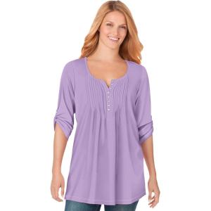 Woman Within Plus Size 7-Day Three-Quarter Sleeve Pintucked Henley Tunic(Soft Iris)
