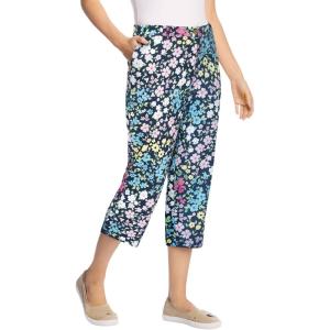 Woman Within Plus Size Adjustable Waist Chino Capri(Navy Floral Patchwork)