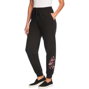 Woman Within Plus Size Better-Fleece Pull-On Jogger Sweatpants(Black Floral Embroidery)