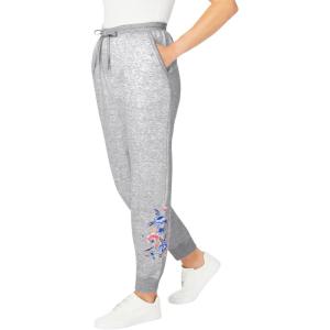 Woman Within Plus Size Better-Fleece Pull-On Jogger Sweatpants(Heather Grey Floral Embroidery)