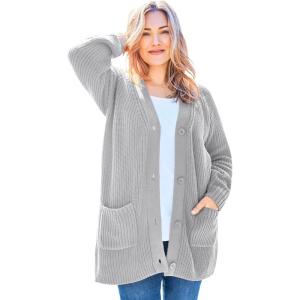 Woman Within Plus Size Button-Front Shaker Cardigan(Heather Grey)