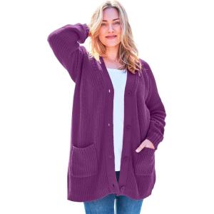 Woman Within Plus Size Button-Front Shaker Cardigan(Plum Purple)