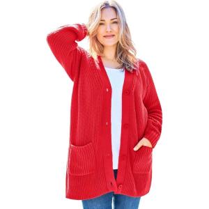 Woman Within Plus Size Button-Front Shaker Cardigan(Vivid Red)
