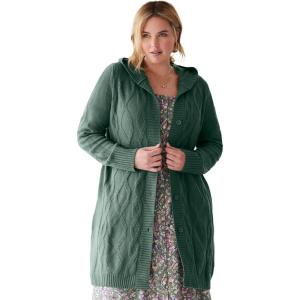 Woman Within Plus Size Cable Cardigan Hoodie(Pine)