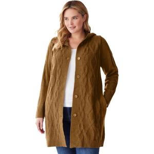 Woman Within Plus Size Cable Cardigan Hoodie(Toffee)