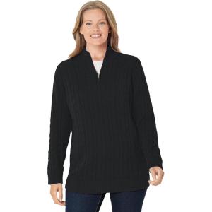 Woman Within Plus Size Cable Knit Half-Zip Pullover Sweater(Black)
