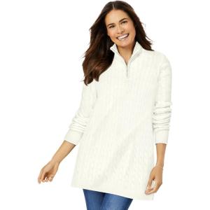 Woman Within Plus Size Cable Knit Half-Zip Pullover Sweater(Ivory)