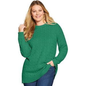 Woman Within Plus Size Cable Knit Pullover Crewneck Sweater(Emerald)